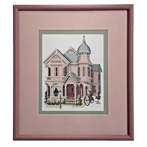 Vintage 1992 Queen Anne Pink Victorian House Cross Stitch Framed Art Signed 15"